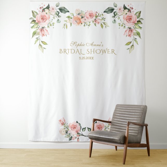 Pink Blush Floral Bridal Shower Photo Prop Tapestry (In Situ)