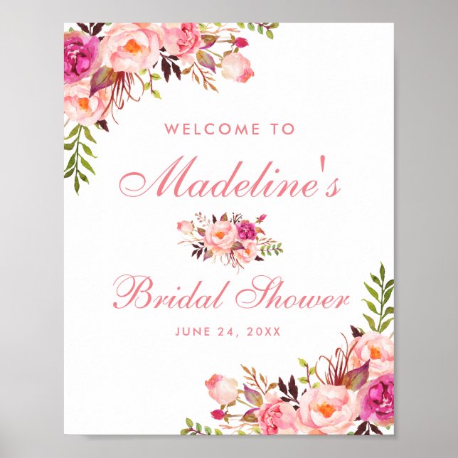 Pink Blush Floral Bridal Shower Welcome Poster (Front)