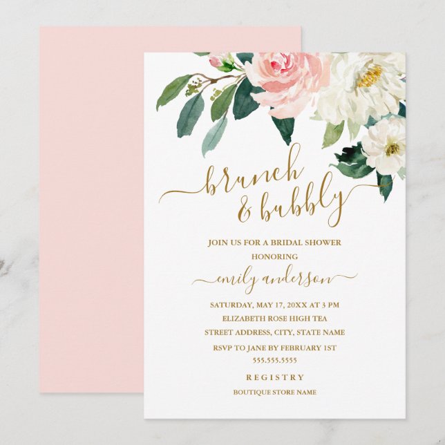 Pink Blush Floral Brunch And Bubbly Bridal Shower Invitation (Front/Back)