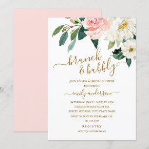 Pink Blush Floral Brunch And Bubbly Bridal Shower Invitation