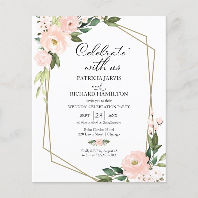 Pink Blush Floral Budget Casual Wedding Invitation (Front)