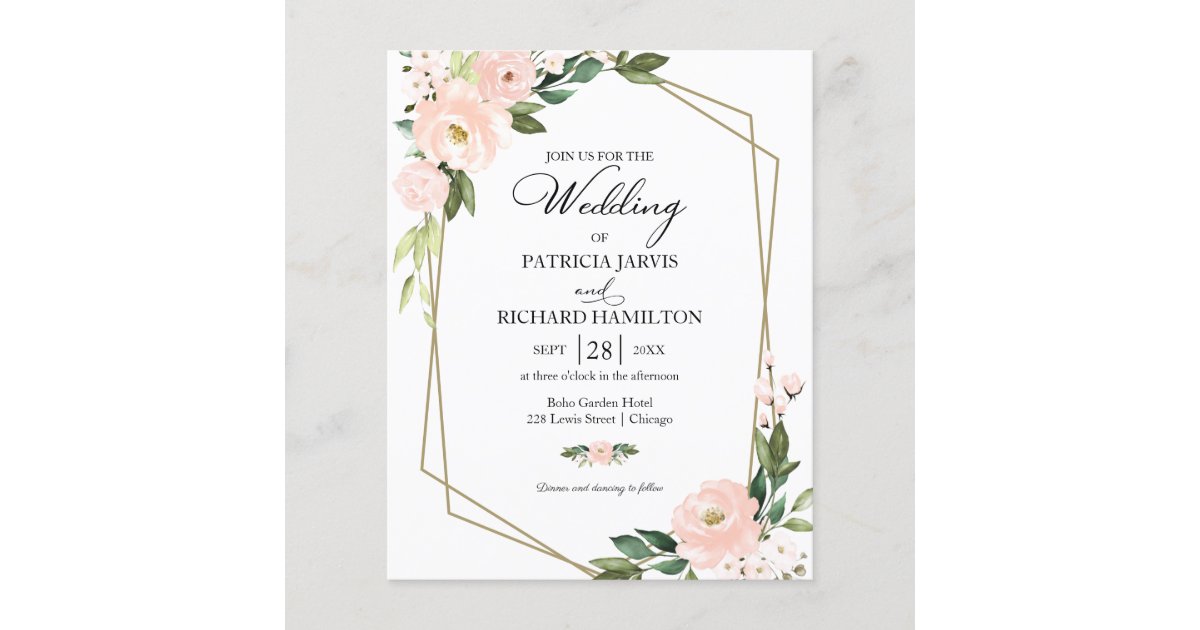 Pink Blush Floral Budget Wedding Invitation Zazzle.co.uk