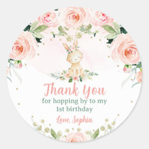 Pink Blush Floral Bunny is One Birthday Rabbit  Classic Round Sticker