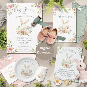 Pink Blush Floral Bunny Rabbit Baby Shower Invitation