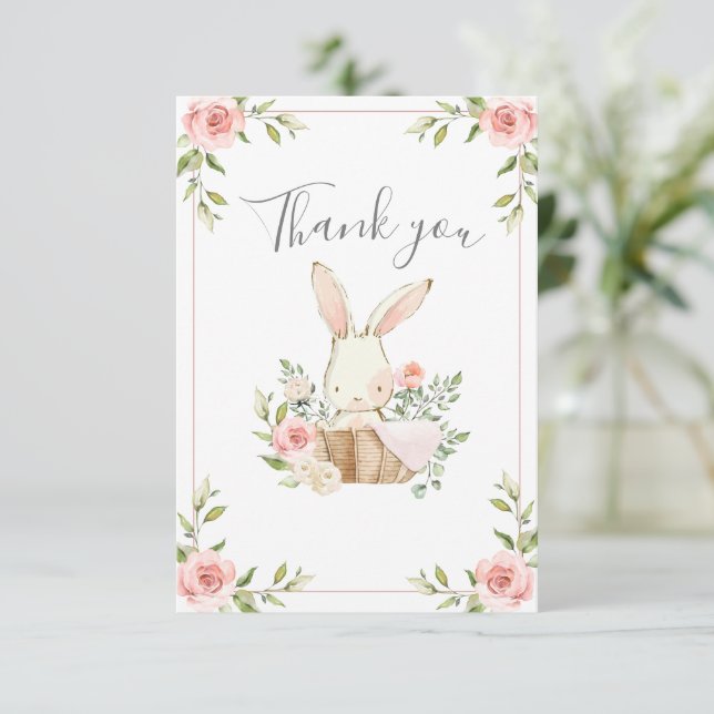 Pink Blush Floral Bunny Rabbit Baby Shower  Thank You Card (Standing Front)