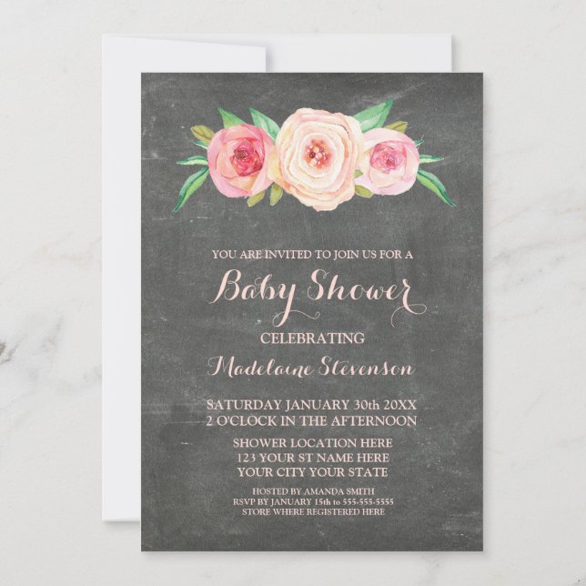 Pink Blush Floral Chalkboard Wood Baby Shower Invitation (Back)