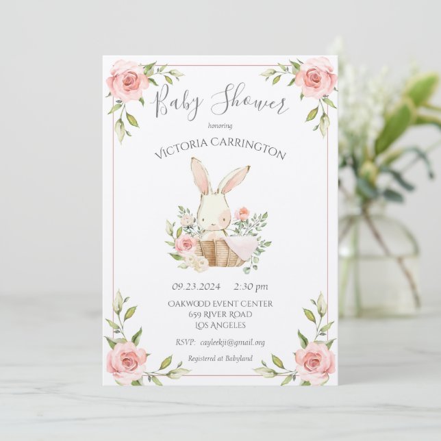 Pink Blush Floral Columned Paper Bunny Baby Shower Invitation (Standing Front)