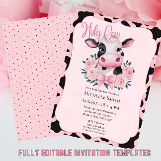 Pink Blush Floral Cow Print Baby Shower Invitation