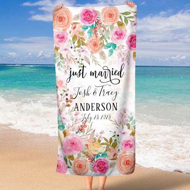 Pink Blush Floral Custom Just Married Beach Towel (Pink Blush Floral Custom Just Married Beach Towel)