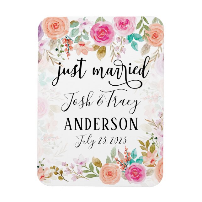 Pink Blush Floral Custom Just Married Magnet (Vertical)