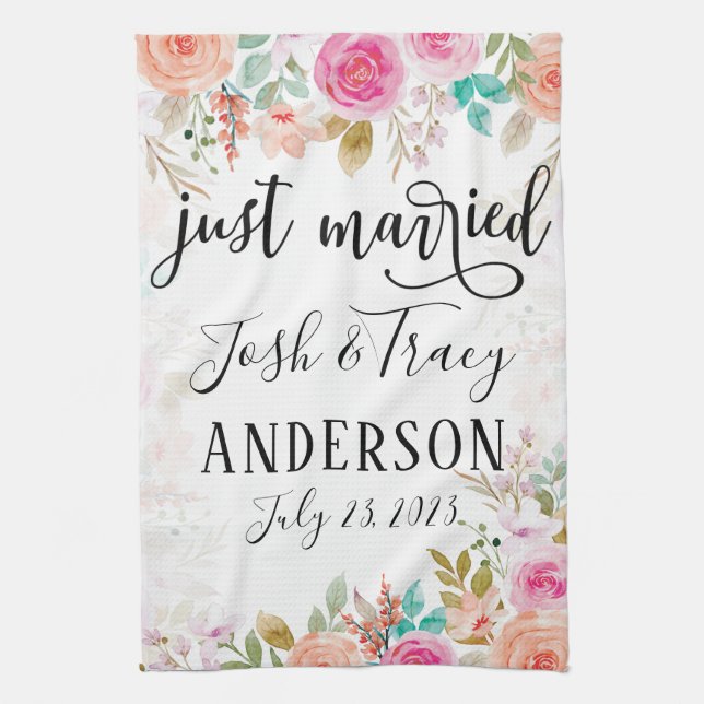 Pink Blush Floral Custom Just Married Tea Towel (Vertical)
