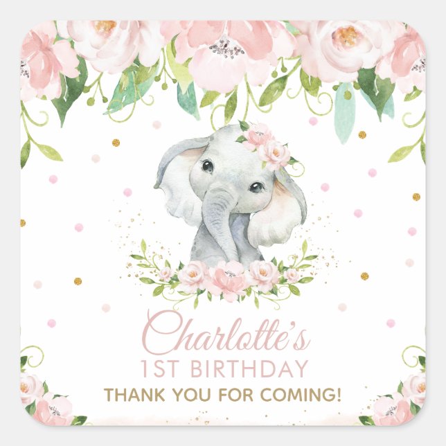 Pink Blush Floral Cute Elephant Thank You Favour Square Sticker (Front)