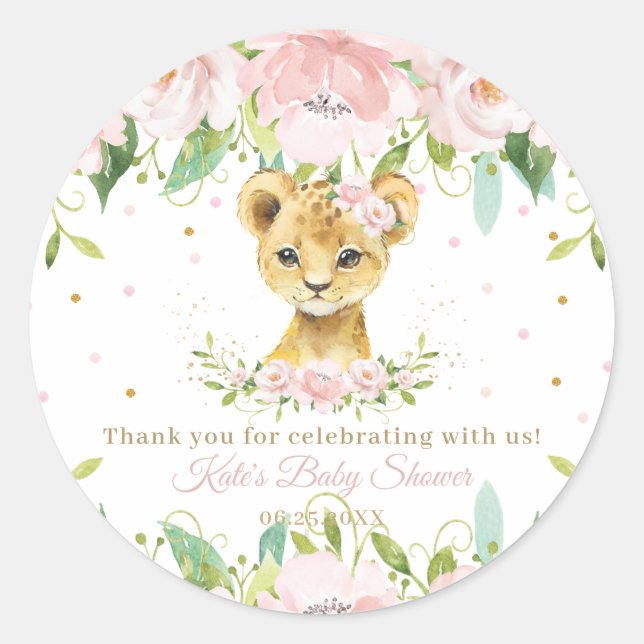 Pink Blush Floral Cute Lion Shower Thank You Favou Classic Round Sticker (Front)