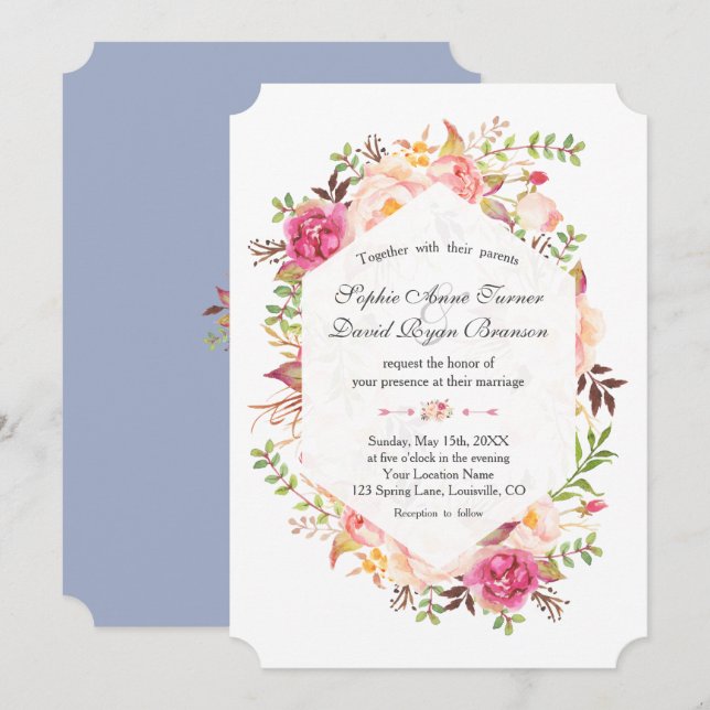 Pink Blush Floral Dusty Blue Geometric Wedding Invitation (Front/Back)