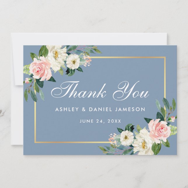 Pink Blush Floral Dusty Blue Wedding  Thank You Card (Front)