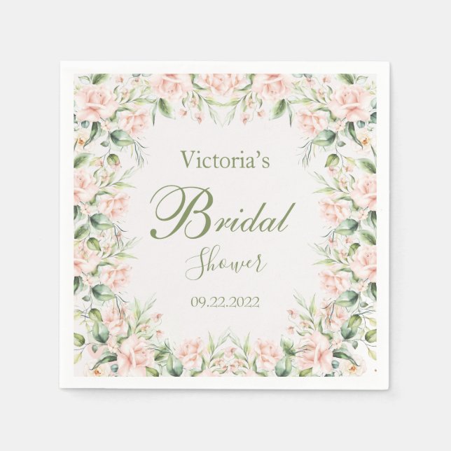 Pink Blush Floral Elegant Name Bridal Shower Napkin (Front)