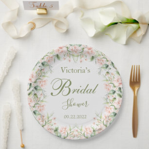 Pink Blush Floral Elegant Name Bridal Shower Paper Plate