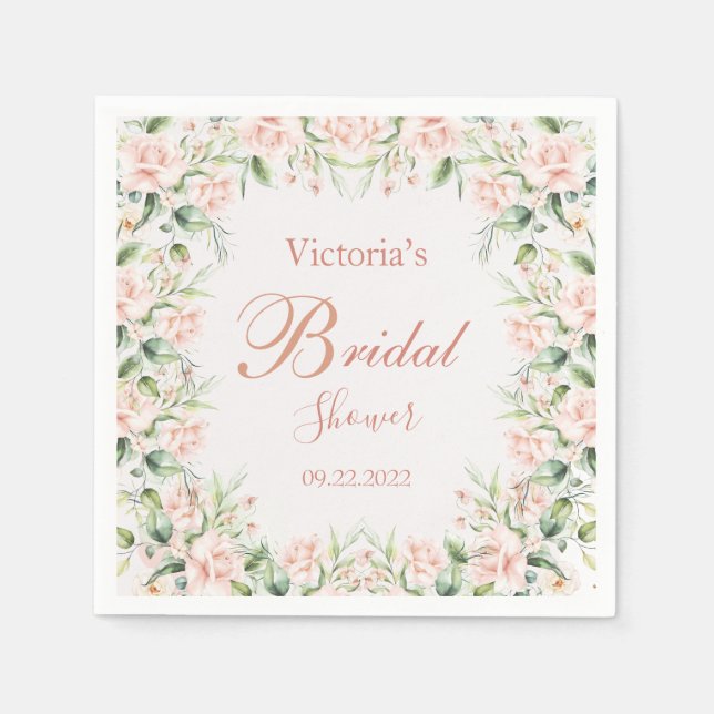 Pink Blush Floral Elegant Name Pink  Bridal Shower Napkin (Front)