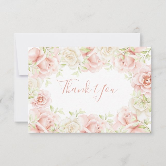 Pink Blush Floral Elegant Romantic Wedding Thank You Card (Front)