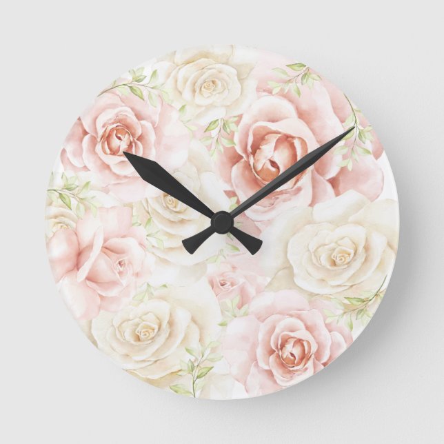 Pink Blush Floral Elegant Round Clock (Front)