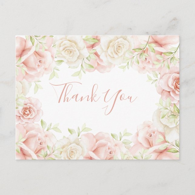 Pink Blush Floral Elegant Wedding Thank You  Postcard (Front)