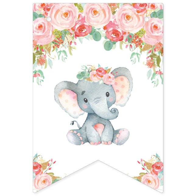 Pink Blush Floral Elephant Baby Shower Birthday Bunting (First Flag)