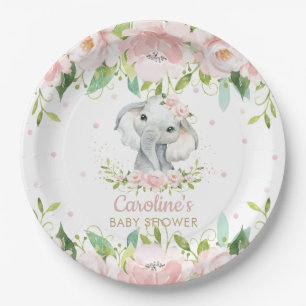 Pink Blush Floral Elephant Birthday Baby Shower Paper Plate