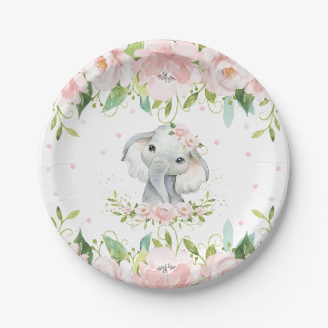 Pink Blush Floral Elephant Birthday Baby Shower Paper Plate (Front)