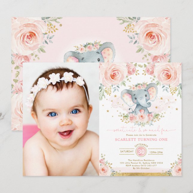 Pink Blush Floral Elephant Girl 1st Birthday Party Invitation (Front/Back)