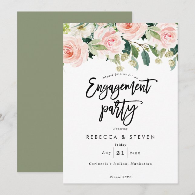 pink blush floral engagement party invitation (Front/Back)