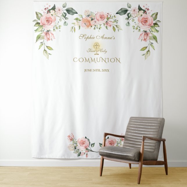Pink Blush Floral First Holy Communion Photo Prop Tapestry (In Situ)