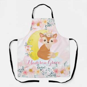 Pink Blush Floral Fox Sitting on Crescent Moon Apron