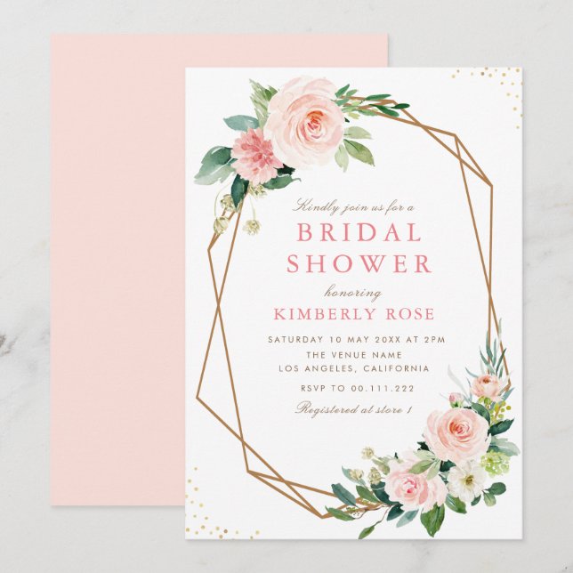 Pink blush floral geometric bridal shower invitation (Front/Back)