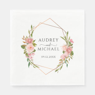Pink Blush Floral Geometric Frame Wedding  Napkin