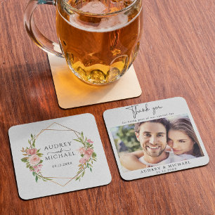 Pink Blush Floral Geometric Frame Wedding  Square Paper Coaster