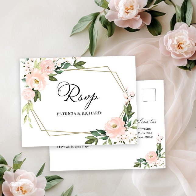 Pink Blush Floral Geometric Wedding RSVP Postcard (Creator Uploaded)