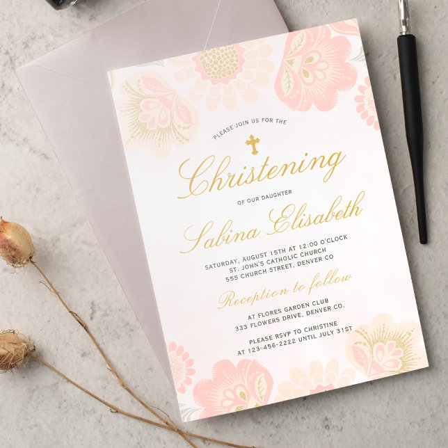 Pink Blush Floral Girl Christening Gold Cross Invitation (Creator Uploaded)