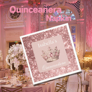 Pink Blush Floral Glitter Tiara Crown Quinceañera Napkin