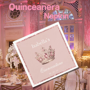 Pink Blush Floral Glitter Tiara Crown Quinceañera Napkin