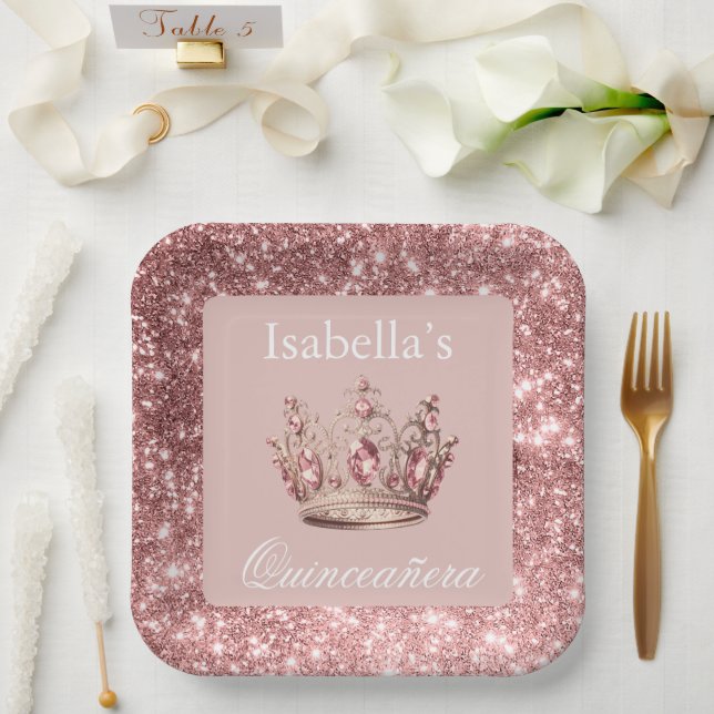 Pink Blush Floral Glitter Tiara Crown Quinceañera Paper Plate (Wedding)
