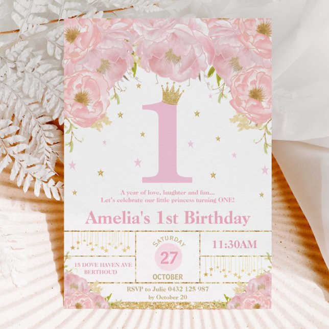 Pink Blush Floral Gold 1st Birthday Girl Princess  Invitation (Creator Uploaded)
