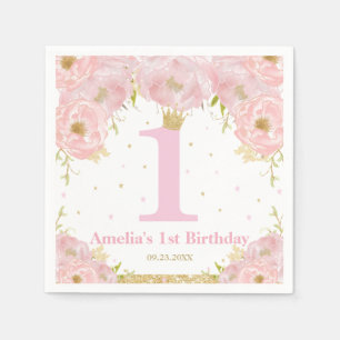 Pink Blush Floral Gold 1st Birthday Girl Princess Napkin