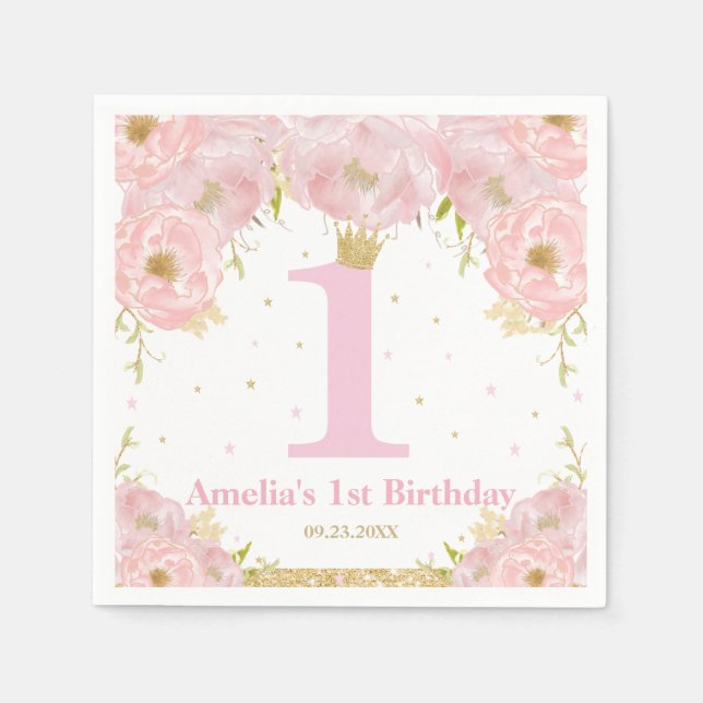 Pink Blush Floral Gold 1st Birthday Girl Princess Napkin (Front)
