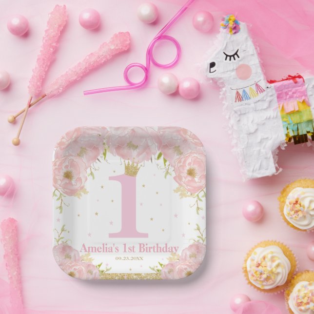 Pink Blush Floral Gold 1st Birthday Girl Princess Paper Plate (Party)
