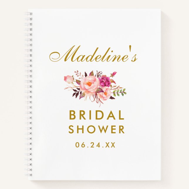 Pink Blush Floral Gold Bridal Shower Gift List Notebook (Front)