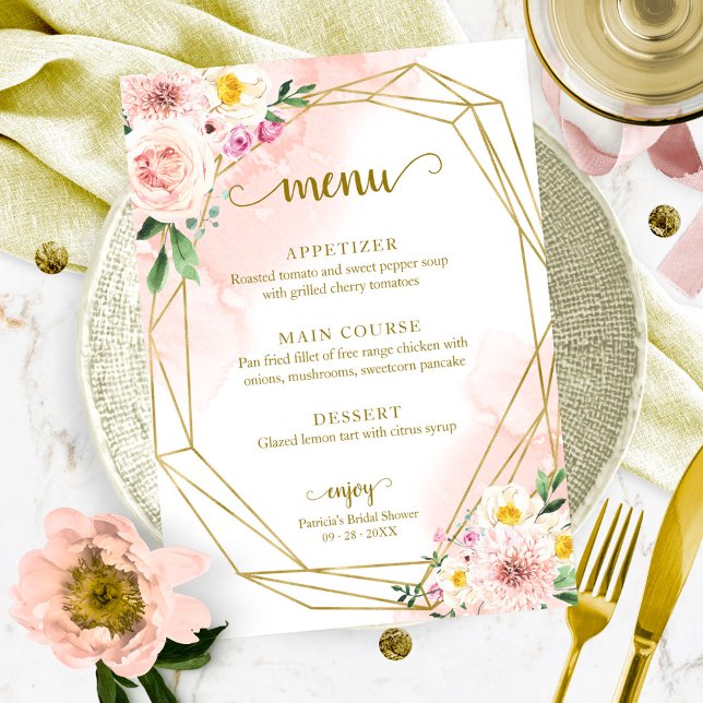 Pink Blush Floral Gold Bridal Shower Menu Invitation (Creator Uploaded)