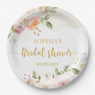 Pink Blush Floral Gold Bridal Shower Paper Plate
