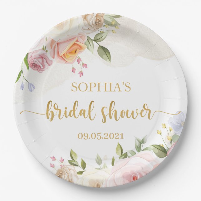 Pink Blush Floral Gold Bridal Shower Paper Plate (Front)