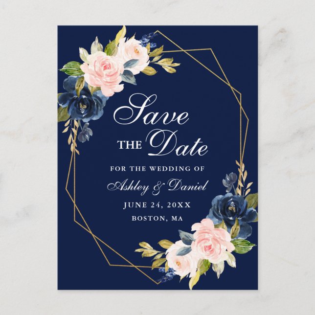 Pink Blush Floral Gold Frame Blue Save the Date Announcement Postcard (Front)
