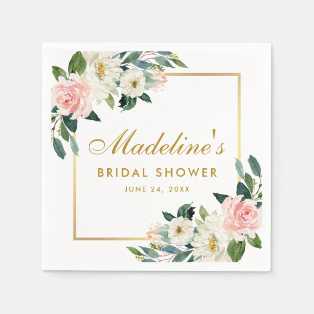 Pink Blush Floral Gold Frame Bridal Shower Napkin (Front)